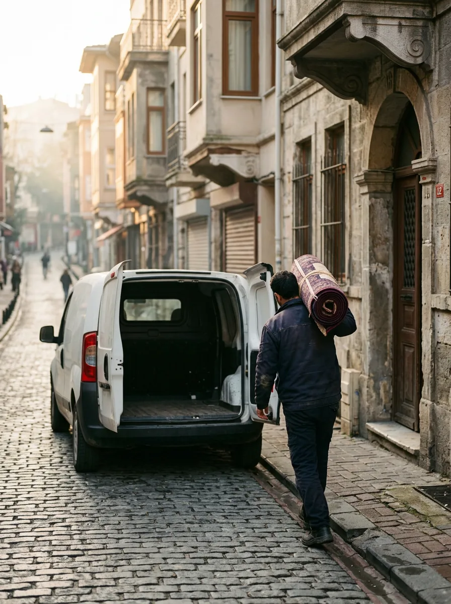 İstanbul'da sabah ışığında, sarılı halıyı kapıya teslim etmek üzere taşıyan kurye ve beyaz kapıları açık araç.