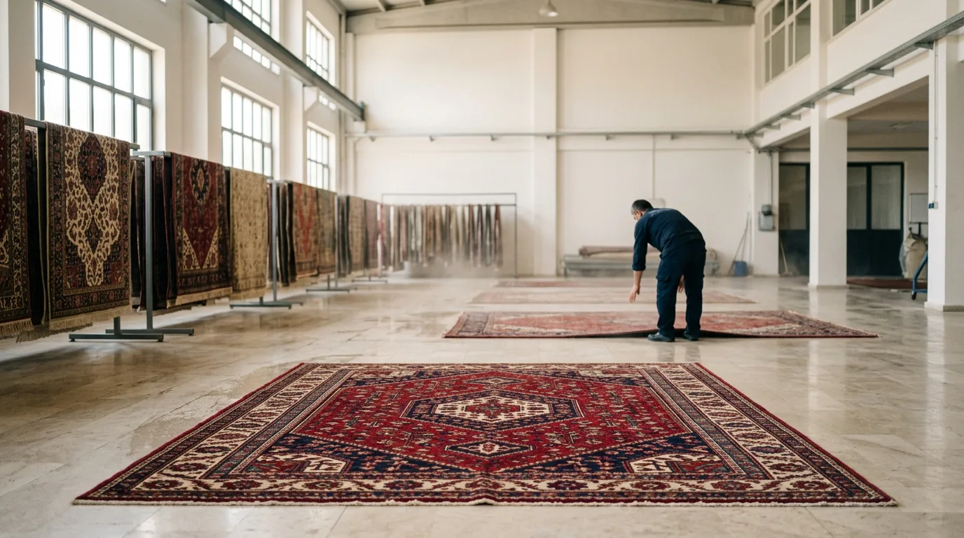 Aydınlık ve tertemiz bir halı yıkama fabrikasında zemine serilmiş, yeni yıkanmış kırmızı-lacivert el dokuma halı.
